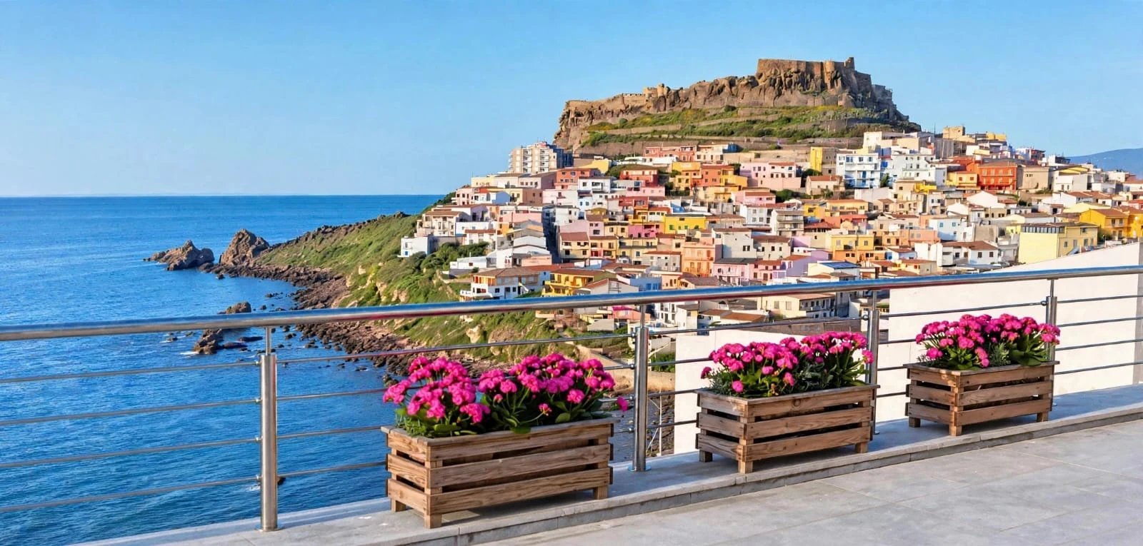 La terrazza fiorita affacciata sul mare, con il borgo di Castelsardo e il castello dei Doria sullo sfondo