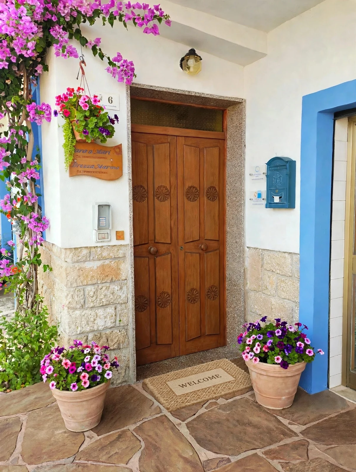 L'ingresso della palazzina in via Cavallotti 6, con il portone in legno, la bouganville e i vasi di fiori