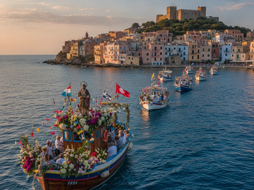 La barca addobbata con la statua del santo durante la processione in mare, davanti al borgo di Castelsardo
